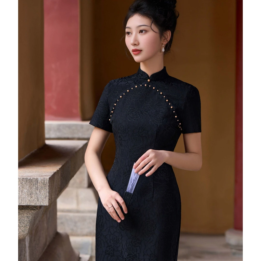 黑色旗袍女夏季2025新款年轻款改良复古民国风低领新中式气质时尚