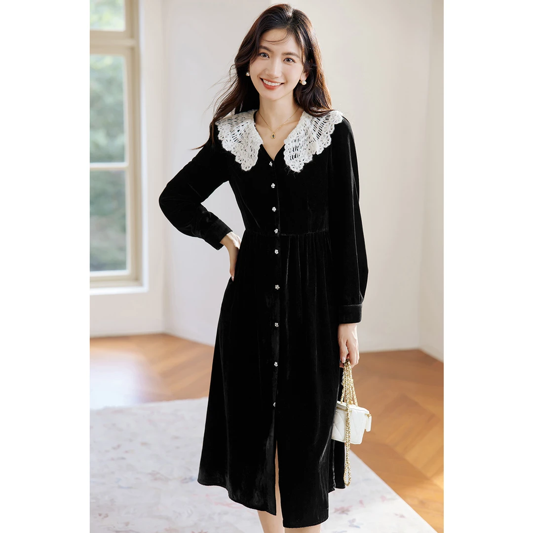 7032【金拐子专属】朗文斯汀蕾丝拼接丝绒连衣裙DTYL3509A07032