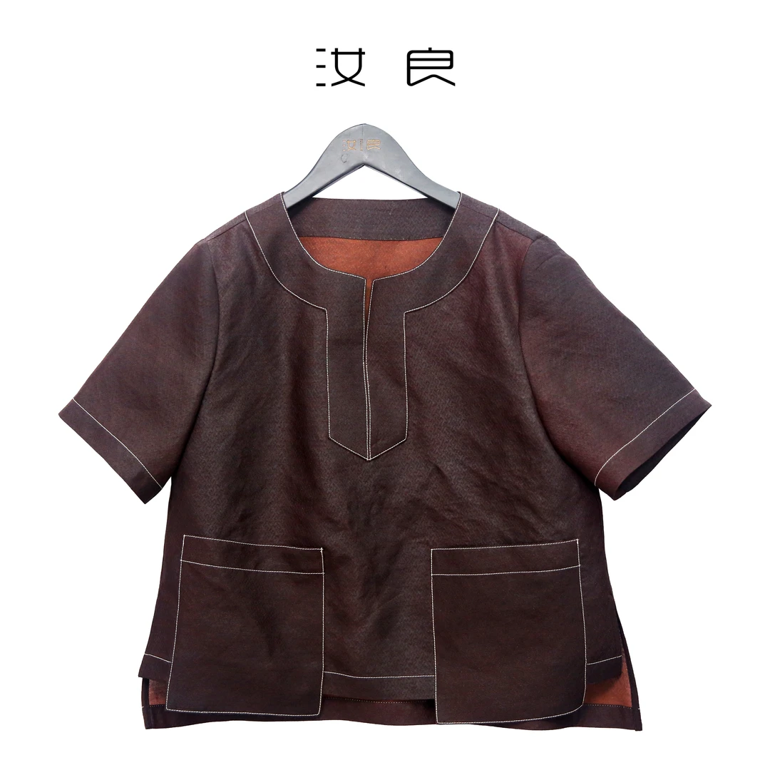 红莨纱明线大口袋短袖上衣