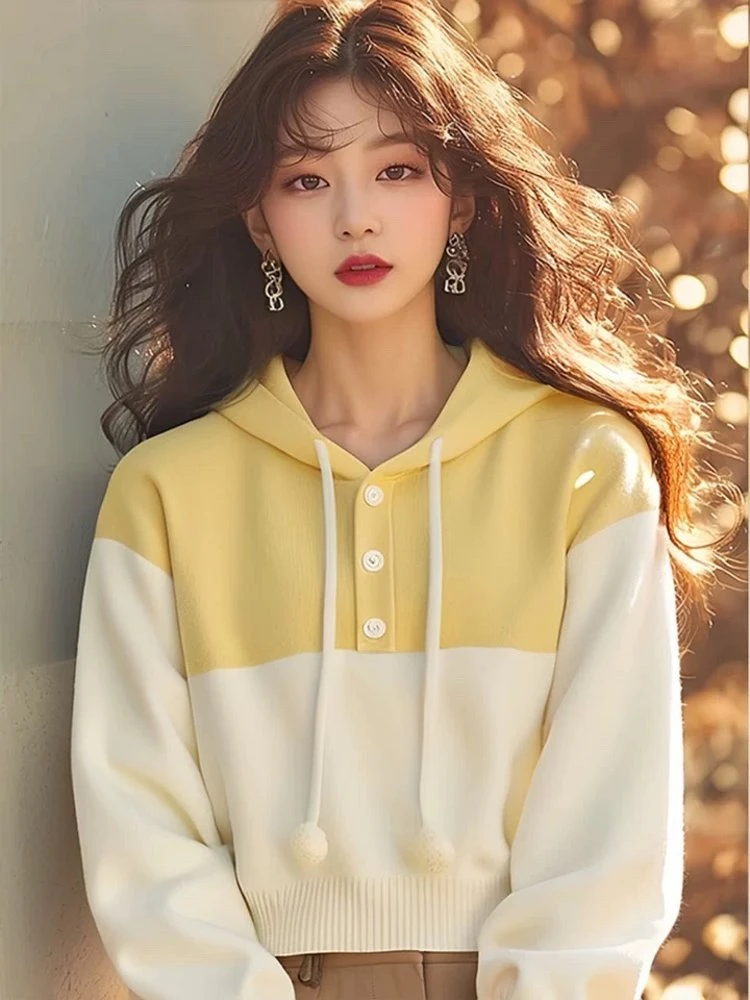 黄色拼接宽松针织衫连帽毛衣女装2025秋冬季新款独特别致绝美上衣