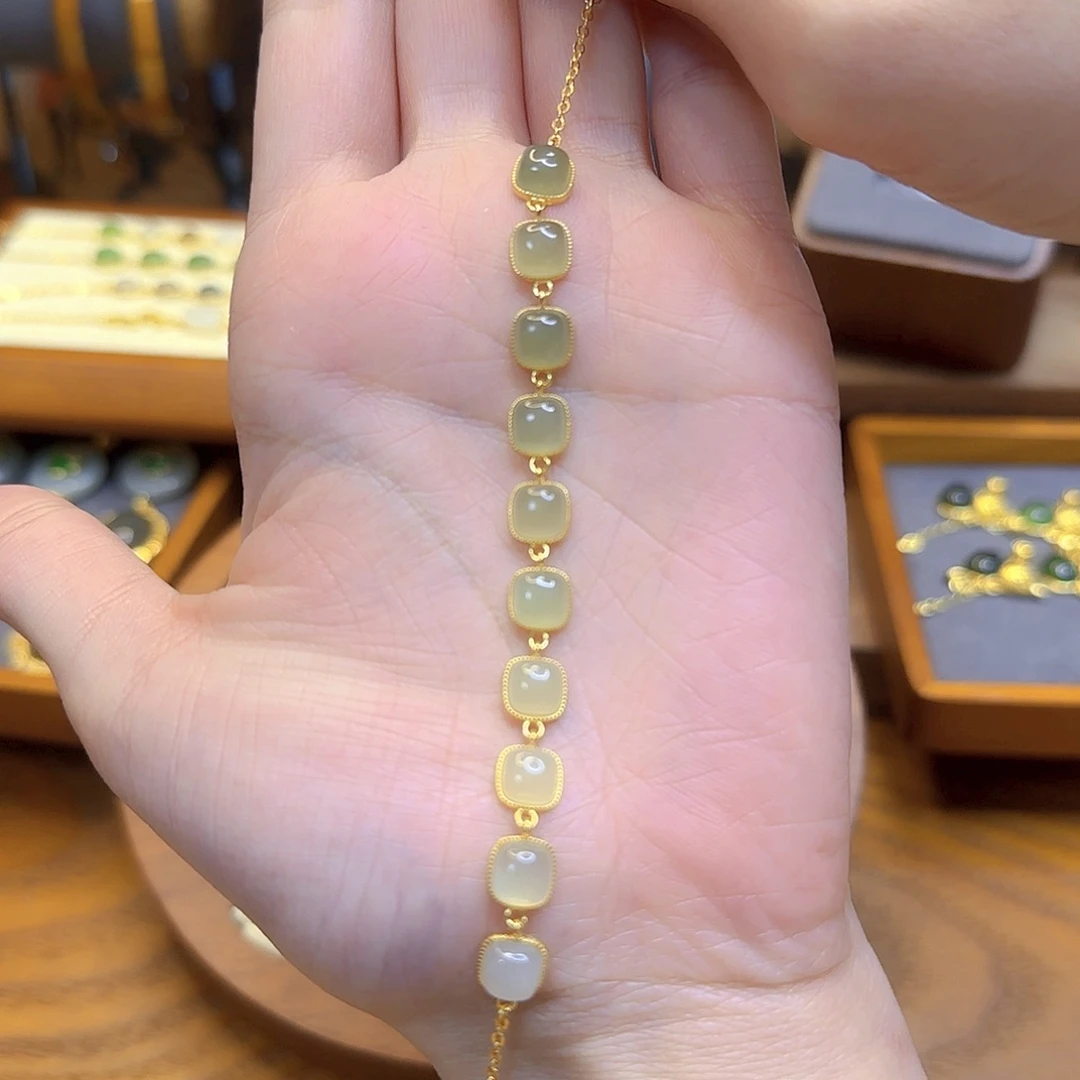 和田玉手链银S925镀金镶嵌晴水渐变手链