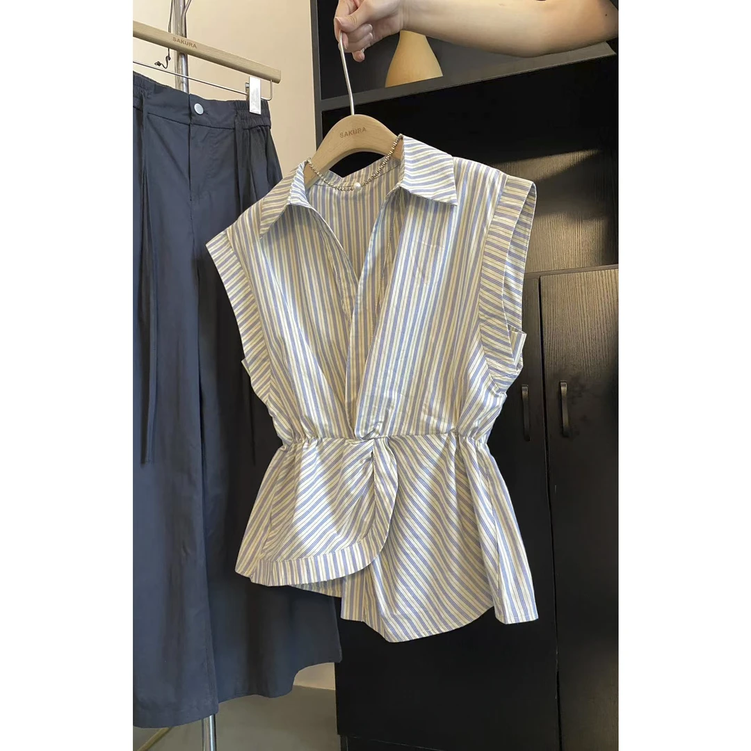 璎婲sᴀᴋᴜʀᴀ【维米尔蓝】媛polo领气质条纹拼接宽松显瘦坎肩无袖衬衫