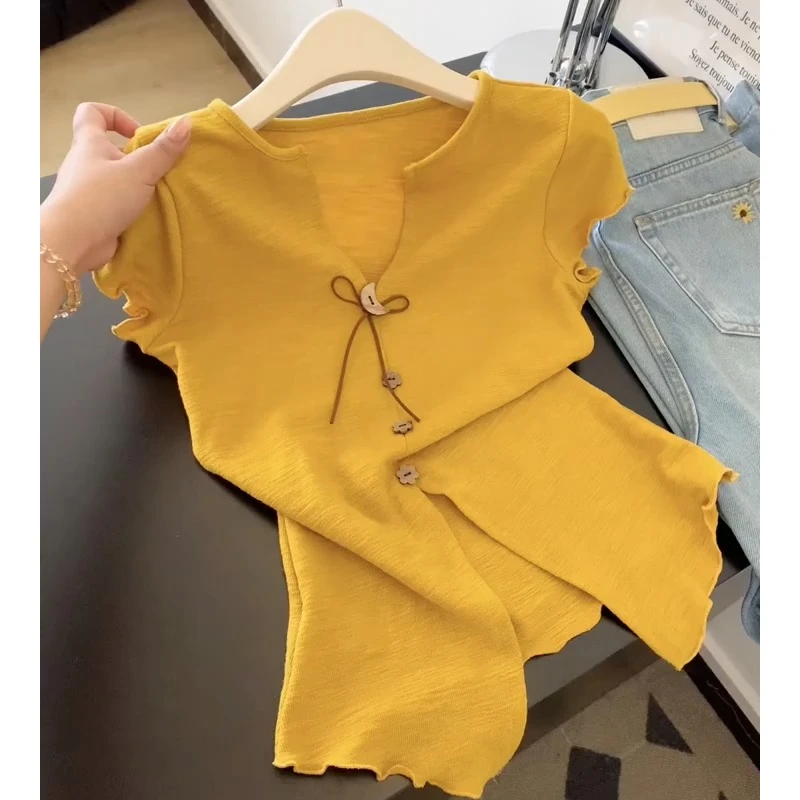 韩系系带纽扣v领设计感短袖t恤女夏季开叉纽扣小众修身显瘦上衣服