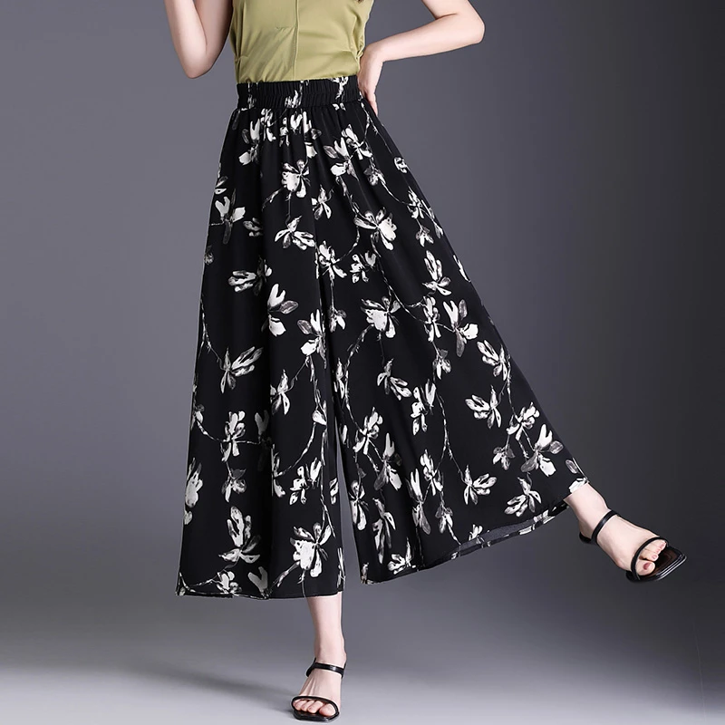 薄款冰丝裙裤碎花阔腿裤宽松A字女裤子裤裙休闲小个子超火九分裤