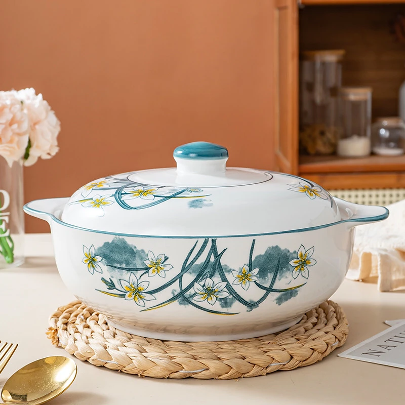 10.5英寸水仙花双耳加盖陶瓷大汤碗高温釉下彩