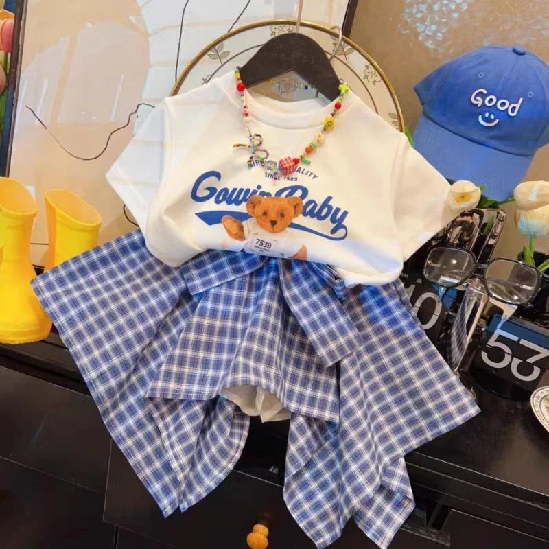 女童套装2025新款夏季洋气儿童卡通印花短袖T恤不规则格子半身裙