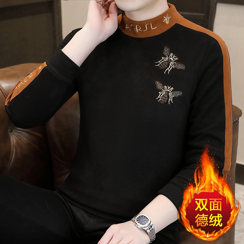 秋冬季男士提花百搭气质半高领打底衫德绒保暖长袖厚款休闲卫衣潮