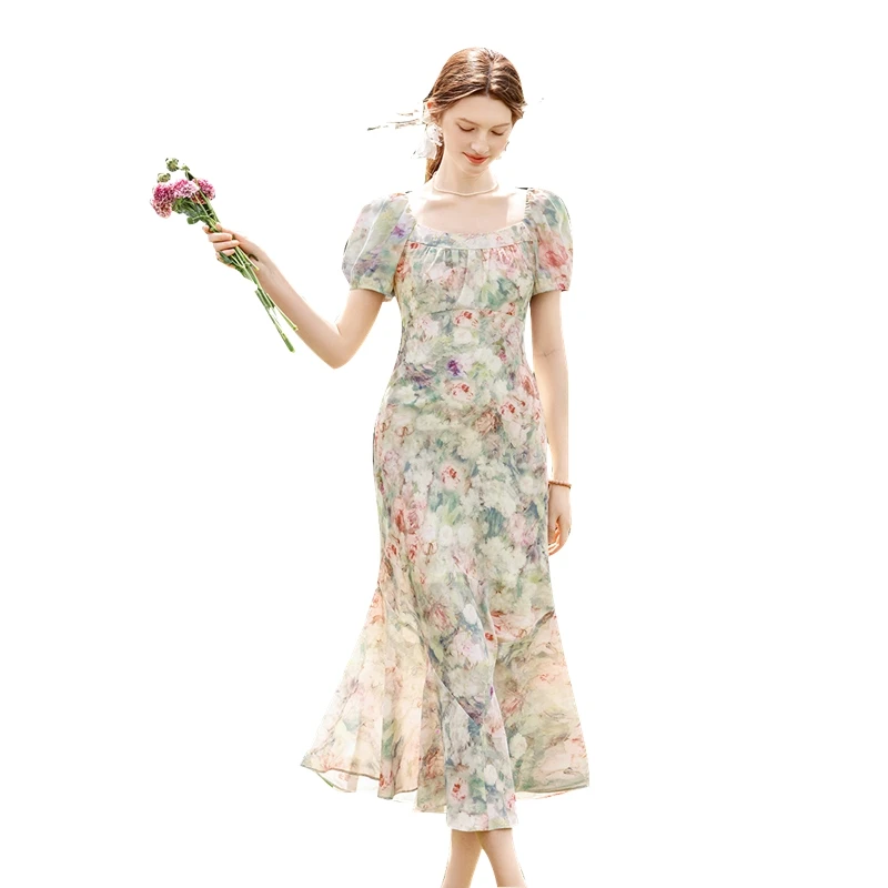 【品牌奥莱】她池夏季女装优雅印花方领中长款连衣裙T52Z1645LB