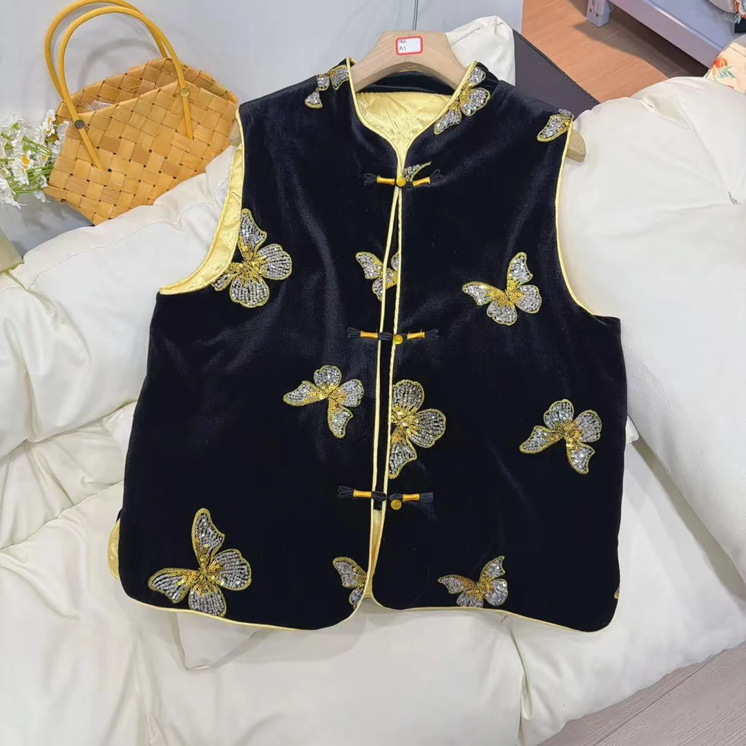 【金蝶】厚款圆领加厚加绒上衣无袖新中式国风百搭女士马甲