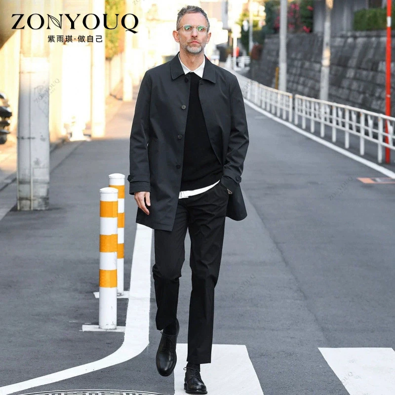 ZONYOUQ夹克秋季新款男士翻领商务休闲中长款风衣简约黑色外套
