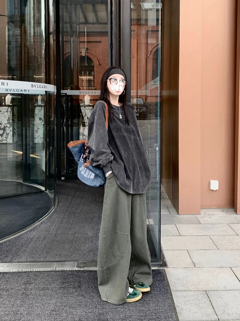 美式复古牛仔裤女新款阔腿裤弯刀裤宽松拖地长裤直筒裤子8306