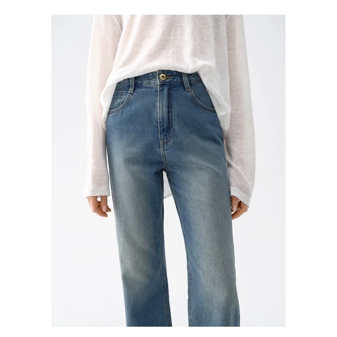 『朱小姐』新款复古磨边九分直筒裤 F920