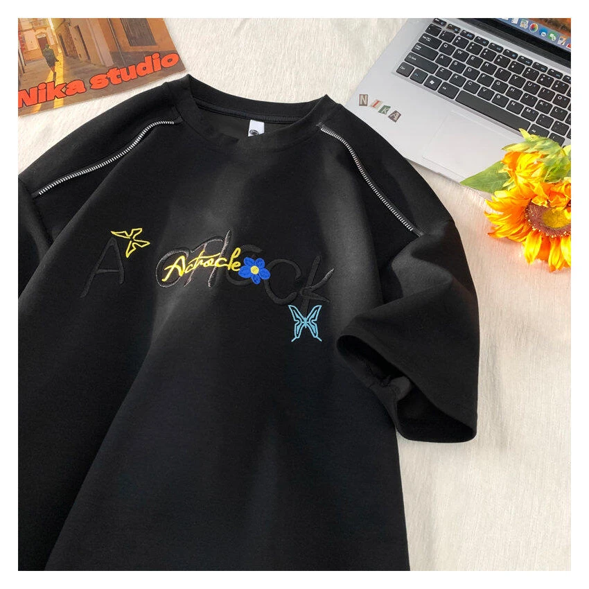 300斤大码美式潮牌打底刺绣秋冬短袖t恤男女长袖宽松显瘦重磅上衣