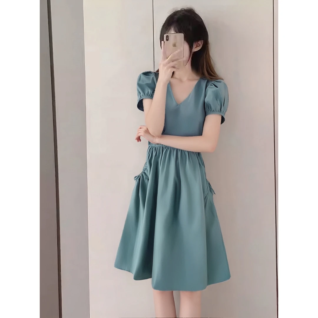 【直播】50020纯色时尚百搭休闲简约短袖口袋连衣裙