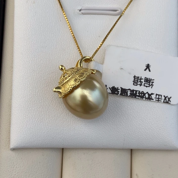 银S925镶嵌海水珍珠颈饰13.2mm南洋金珠吊坠