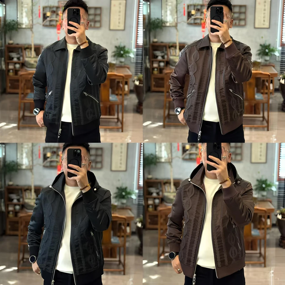 8056欧货秋季高品质醋酸提花拼羊皮连帽可脱卸男士薄棉外套