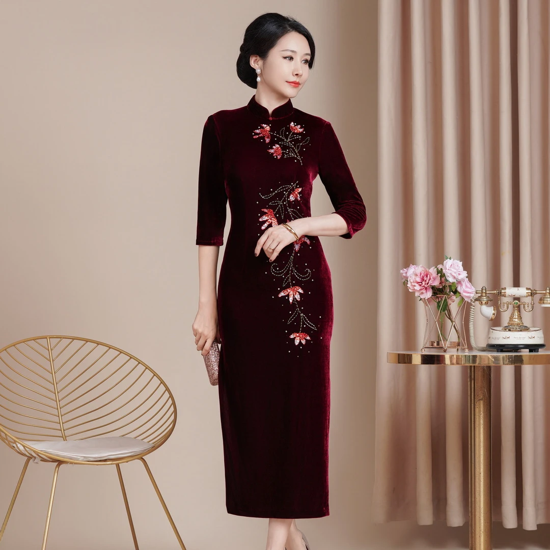 2025秋冬新款修身丝绒旗袍高贵高级感F112喜婆婆喜妈妈敬酒服长款