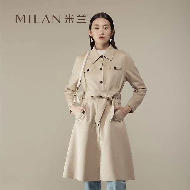 MILAN卡其色中长款时尚风衣外套春秋宽松复古通勤腰带翻领大衣