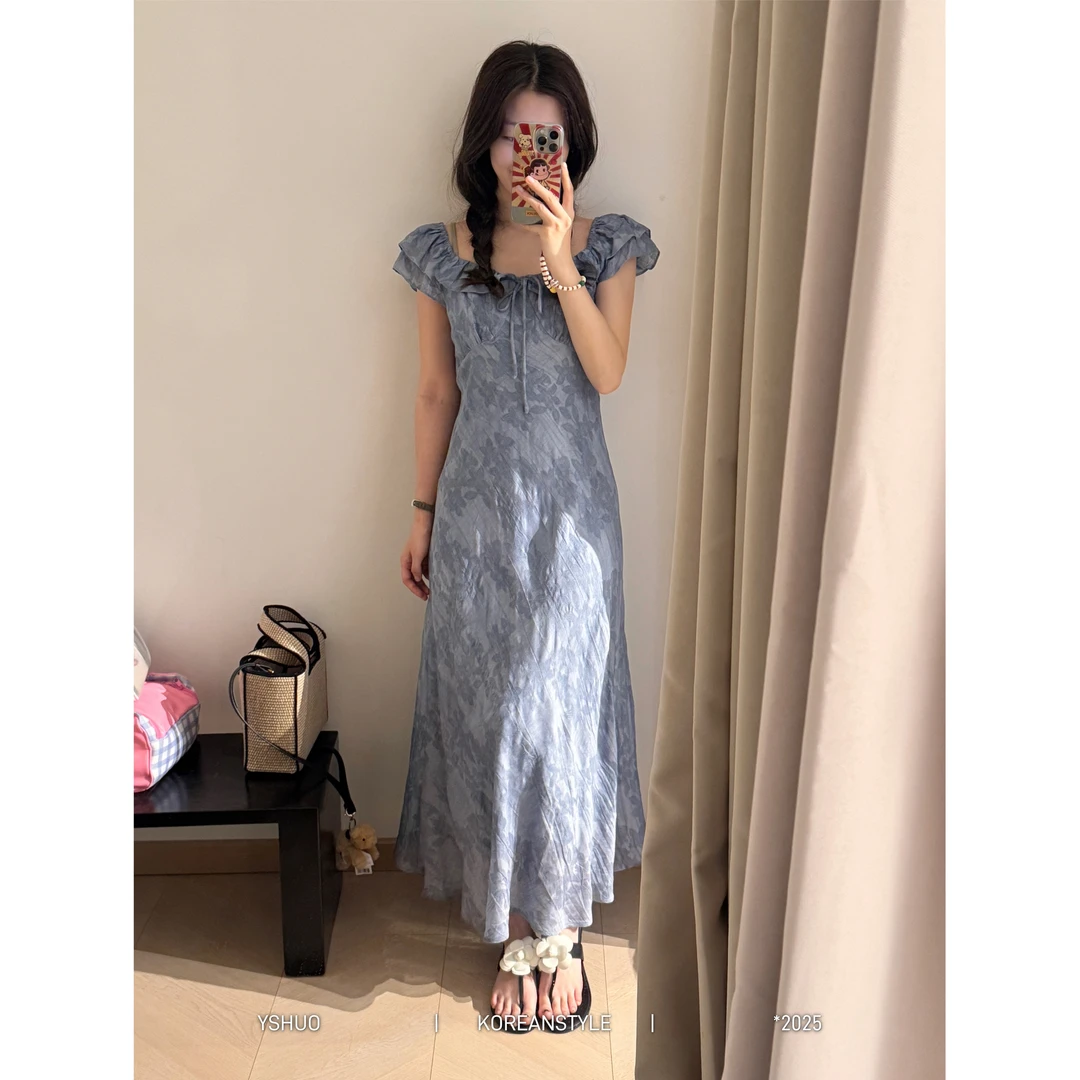 YSHUO【南法假日】优雅扎染提花荷叶领气质温柔显瘦短袖连衣裙 8877