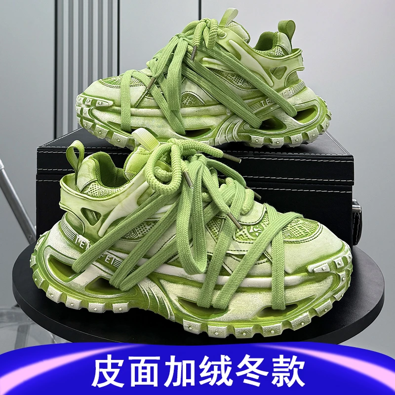 男女同款2025秋冬新款超火老爹轮胎鞋皮面复古厚底内增高休闲鞋