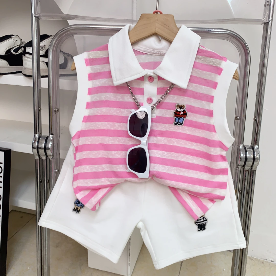 儿童薄款条纹Polo套装男童夏款韩系无袖Polo衫短袖两件套韩版帅气