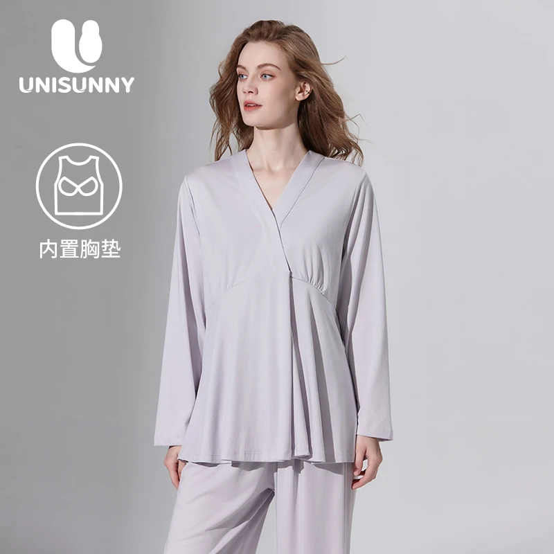 unisunny月子服春秋带胸垫产后孕妇睡衣莫代尔冬季哺乳睡衣家居服