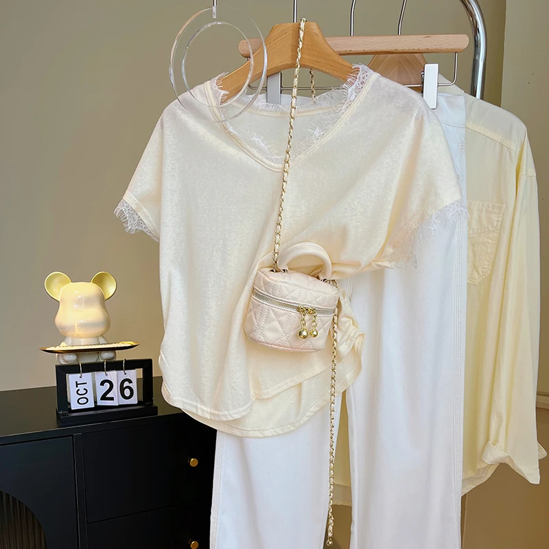 2025新款法式气质蕾丝花边v领正肩短袖T恤女夏季小个子宽松上衣潮