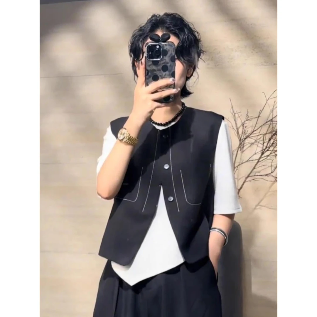 季新欧洲上衣缝制假口袋西装背心妇女最容易匹配设计马甲上衣潮流