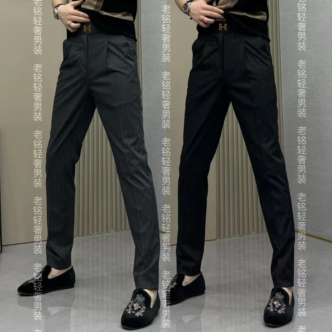 男士轻奢直筒裤秋季西裤西装美式休闲时尚商务修身条纹休闲裤