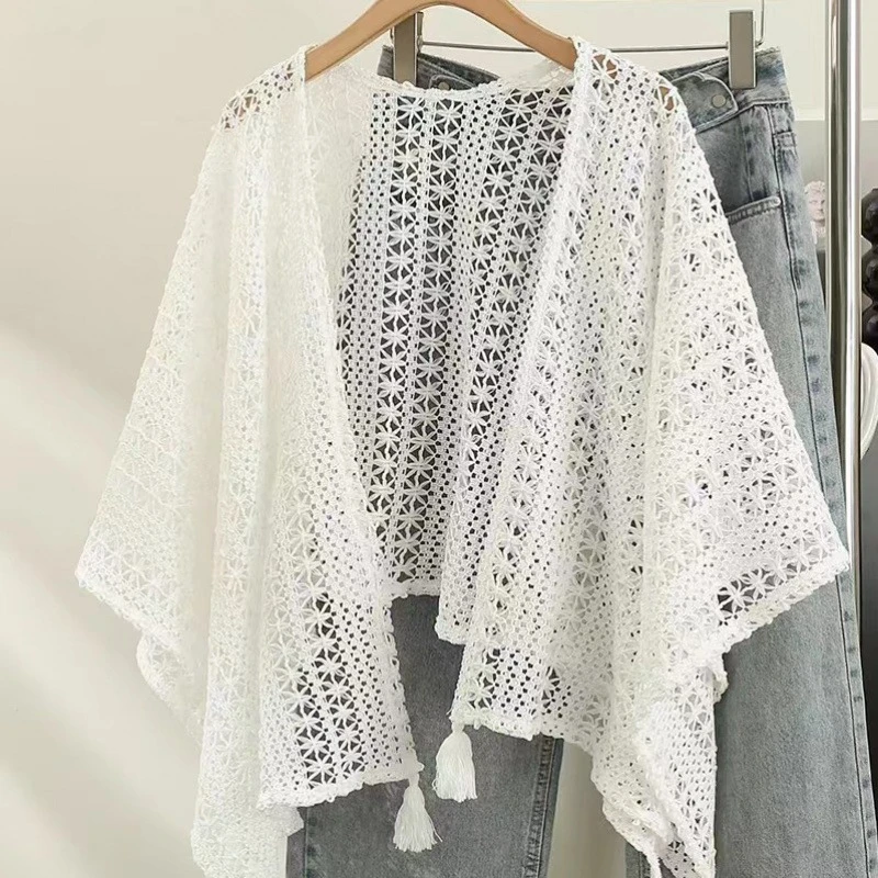 镂空复古民族度假风女针织流苏开衫女薄款春秋小披肩外搭蕾丝披肩