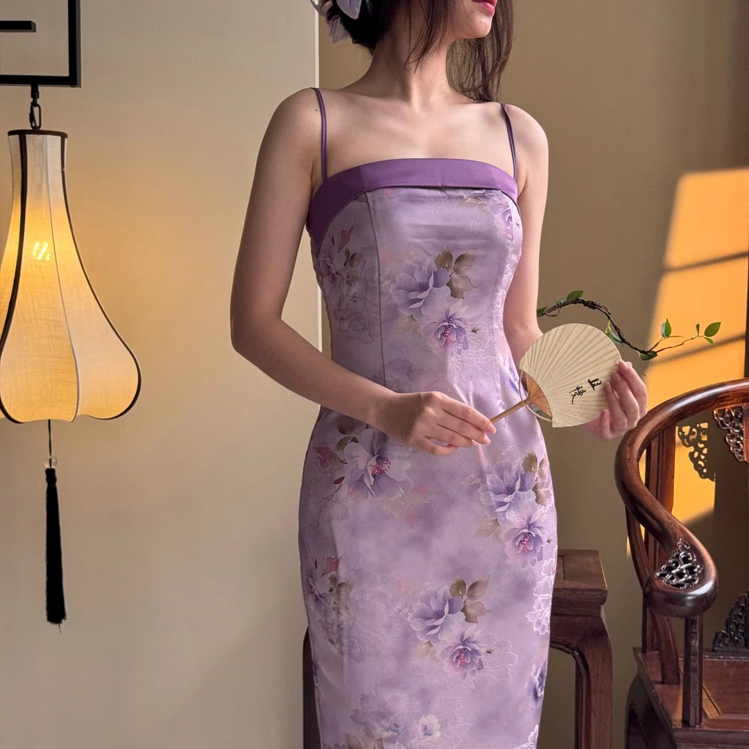 新中式国风缎面提花翻领吊带连衣裙 紫啧
