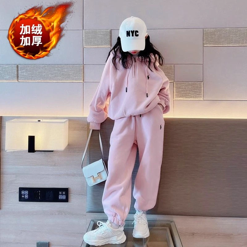 女童套装秋冬装2025新款儿童洋气加绒卫衣女大童加厚运动两件套潮