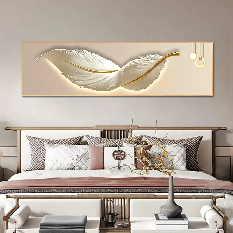 C34轻奢卧室装饰画高档羽毛床头画横幅现代简约大气主卧背景壁画