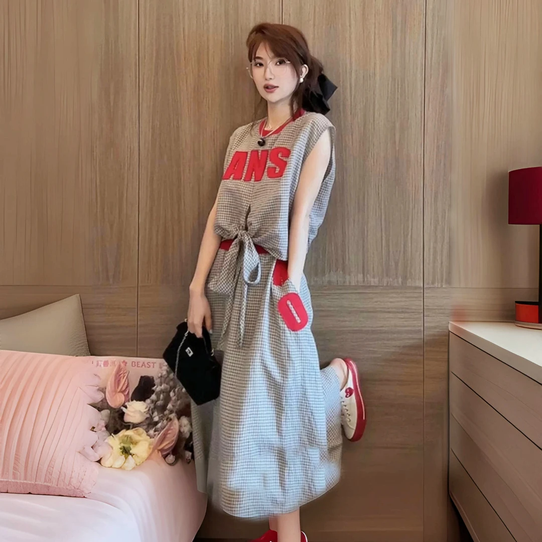 275格子套装 学院风棉麻格子长裙套装 俩件套 胸大不要拍