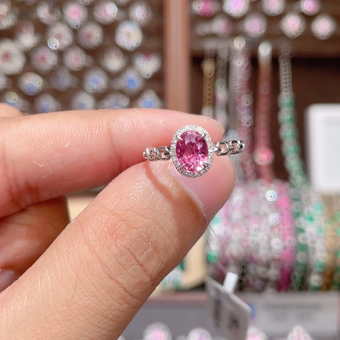 戒指彩色蓝宝石14K金镶嵌1.24ct 无烧帕帕