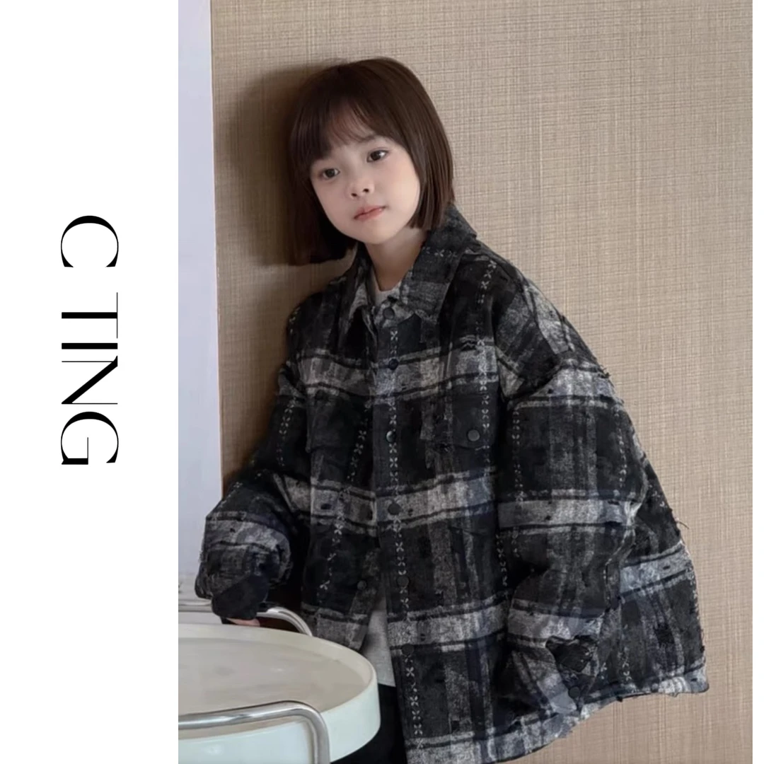 【C TING】新款韩版亲子装童装男女童腔调百搭格子做旧羽绒服外1912