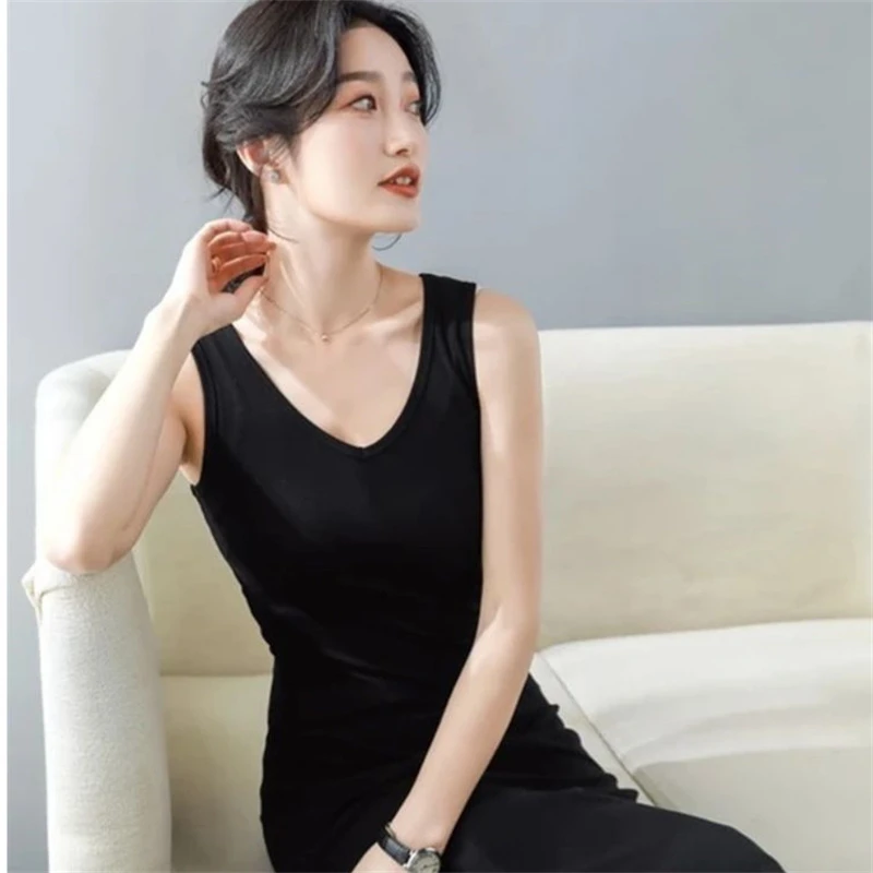 莫代尔长裙春夏女装新款背心群黑色内搭裙无袖V领打底连衣裙