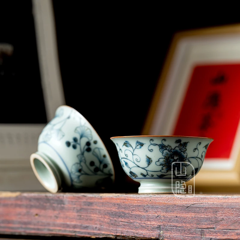 山隐趣事斋亚青汝窑高脚杯新中式简约复古主人杯功夫茶具喝茶杯