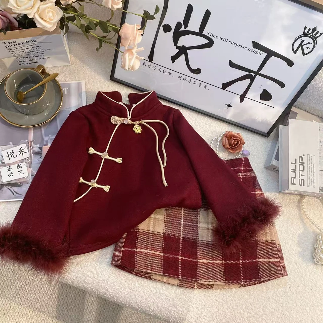 SH萌娃冬装新款安格拉新年红加绒暖冬国风格子裙套装6470