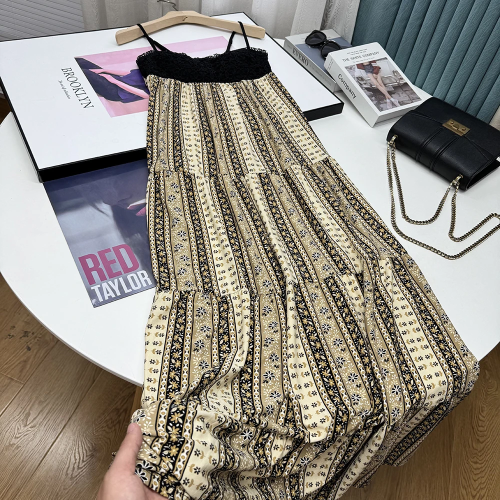 夏度假风镂空钩花蕾丝拼接带胸垫抹胸式中长款吊带连衣裙女24118