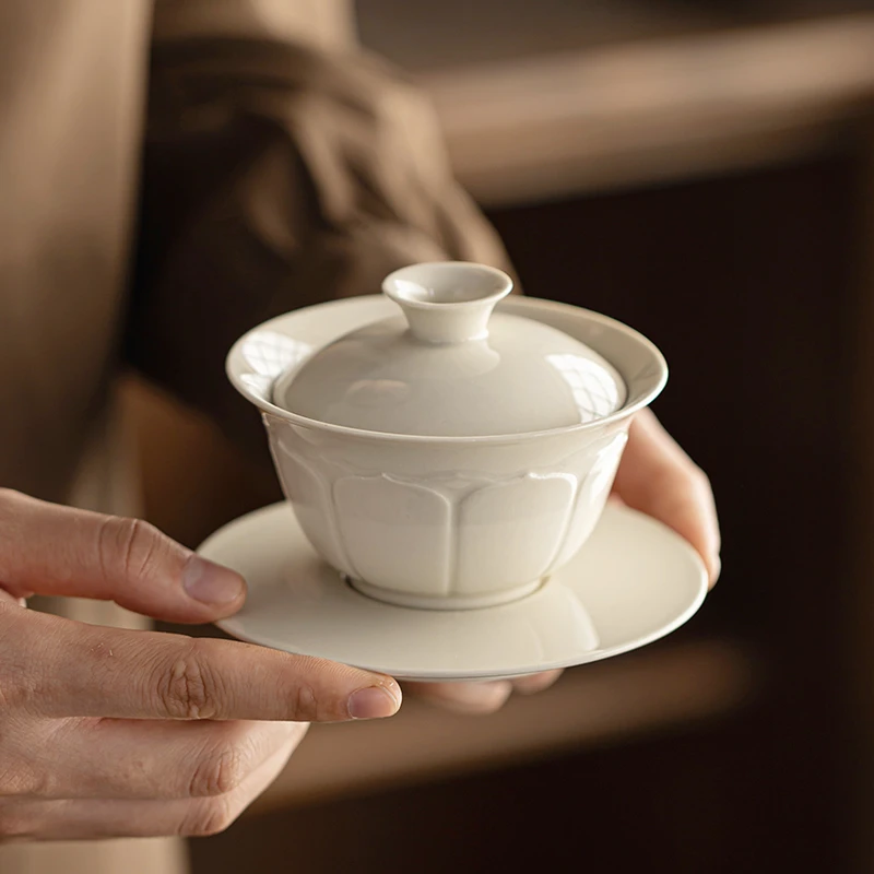 草木灰浮莲三才盖碗家用泡茶器高档陶瓷功夫茶具会客泡茶碗单个