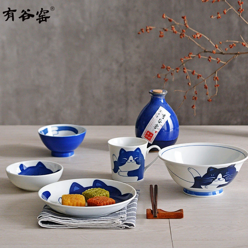 蓝白英短猫日本进口釉下彩碗盘餐具家用陶瓷米饭碗凉菜盘日式菜盘