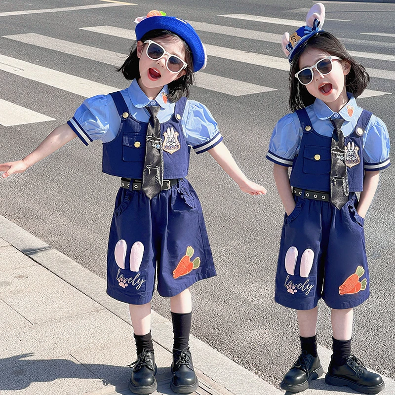 女童夏装兔子警官短袖套装新款儿童洋气时髦可爱工装短裤三件套潮