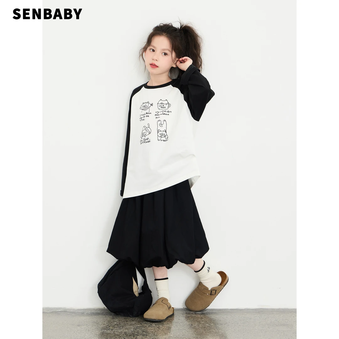 【现货】senbaby女童套装秋季新款黑白插肩袖T恤黑色南瓜裙两件套