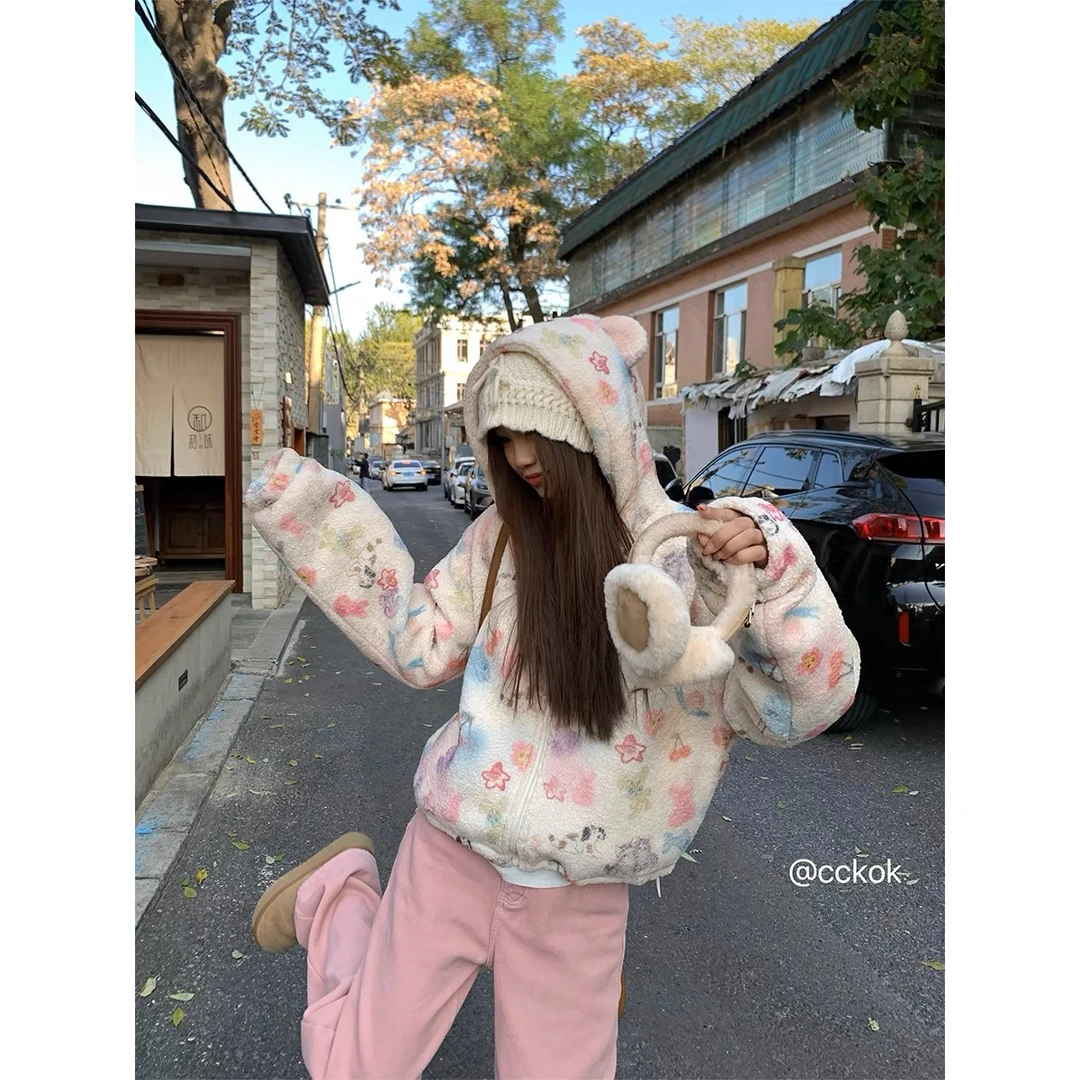 韩系洋气加绒仿羊羔毛卡通数码印连帽过冬毛毛衣外套 A785 785 Y