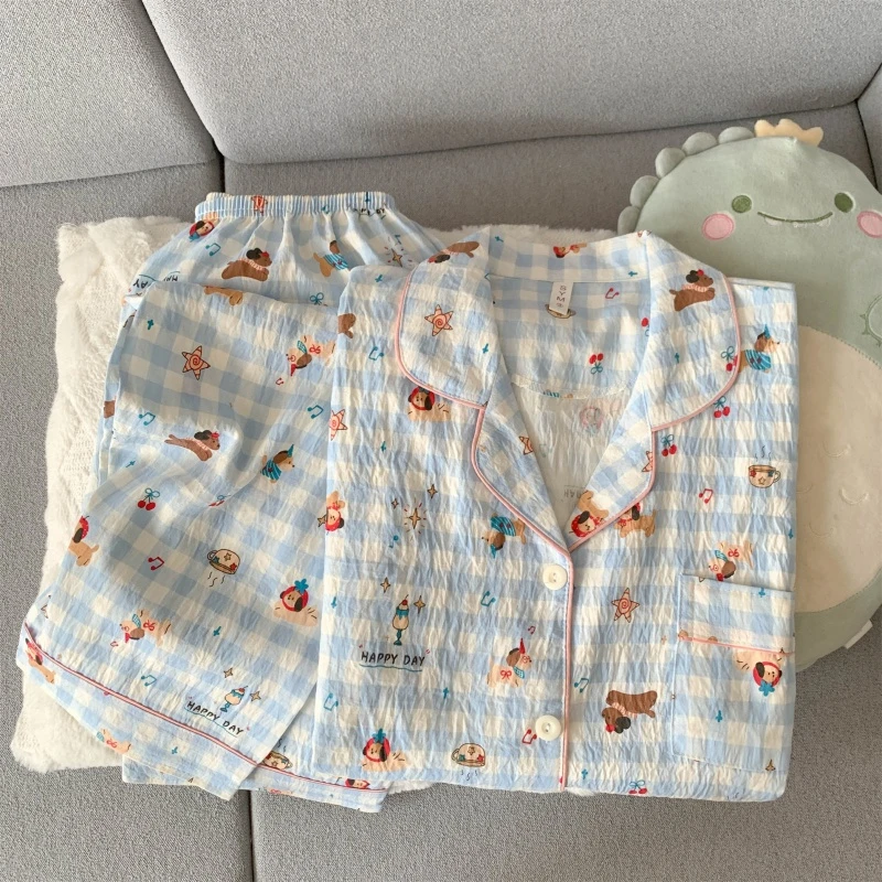新款春秋季睡衣女款长袖长裤休闲两件套格子樱桃卡通宽松家居服
