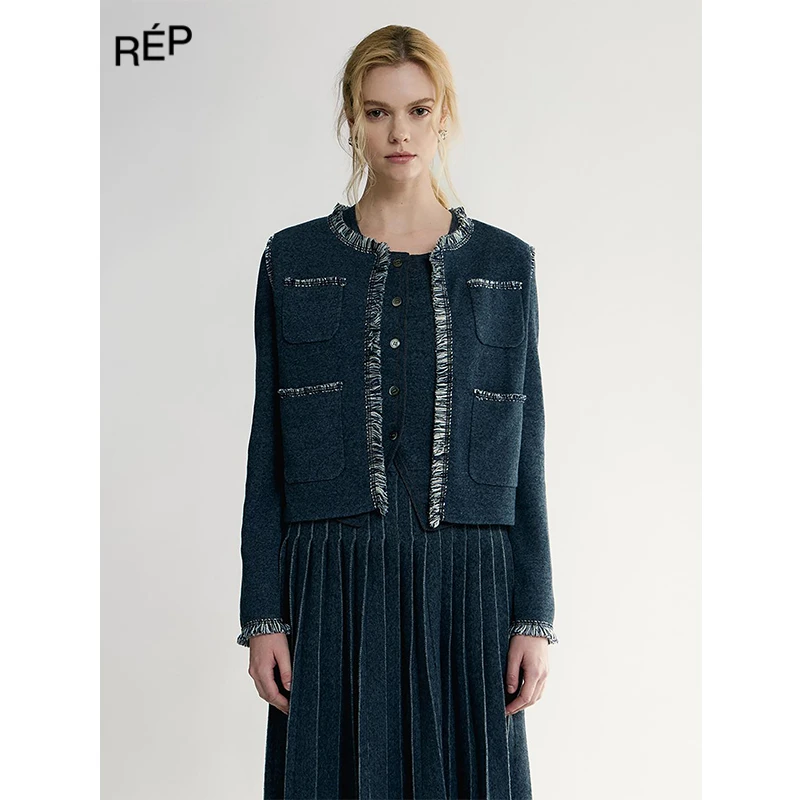 REP-CRUSH设计师品藏青牛仔装饰边开衫 26PS早春新品