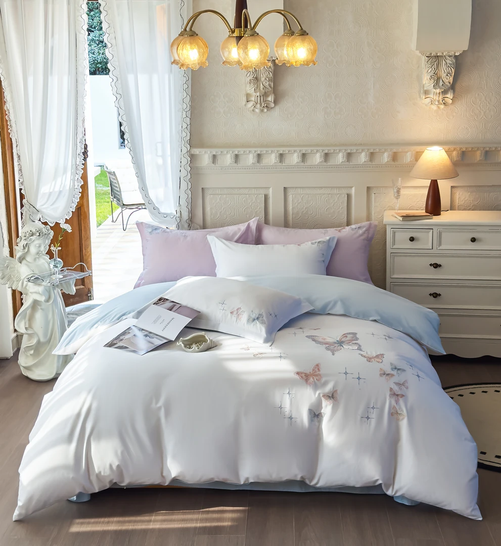 蝴蝶入梦A类100全棉高档轻奢绣花床单被套四件套四季通用床上用品