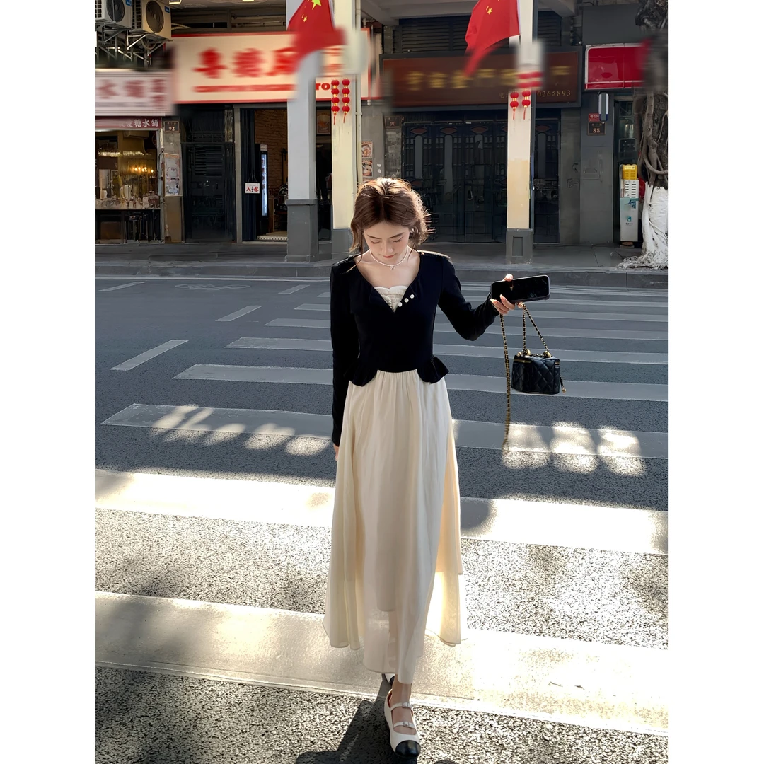 【福利清仓NO退NO换】切糕自制小个子拼接显瘦洋气慵懒长袖连衣裙女