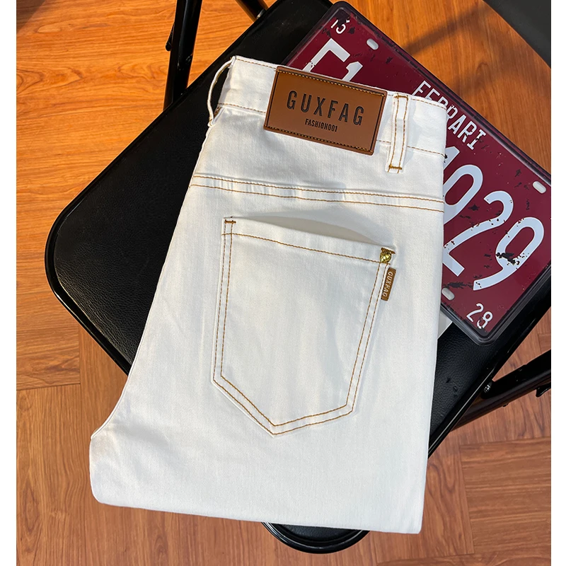 高端春夏季小个子穿搭九分裤白色不透男士牛仔裤潮流修身小脚长裤